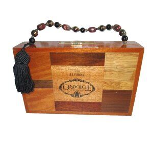 *Handcrafted Wooden Cigar Box Purse Top Beaded Handle Hinge Closure